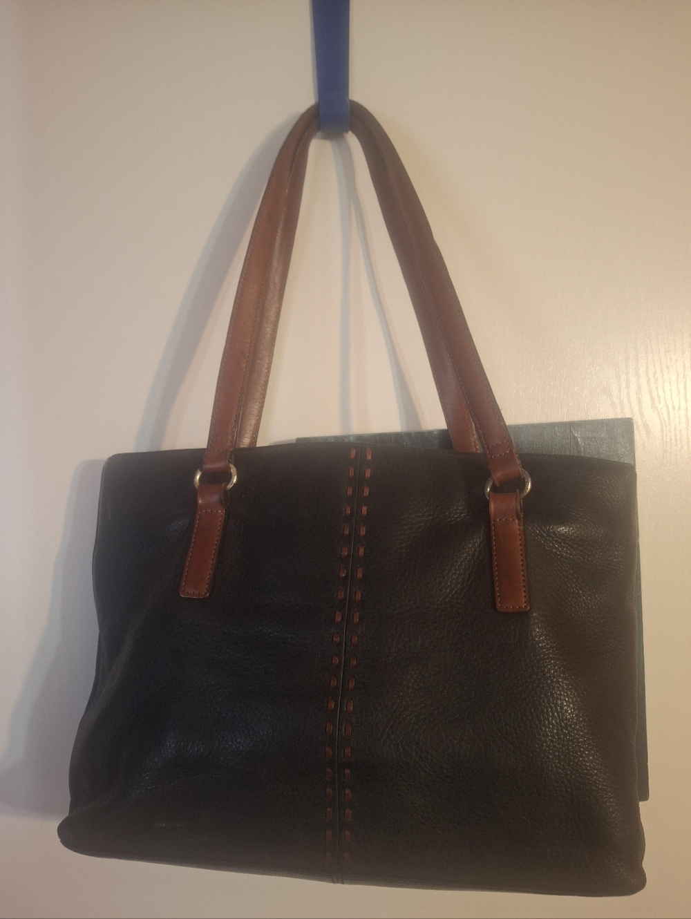 Fossil Black Leather Tote with Brown Handles